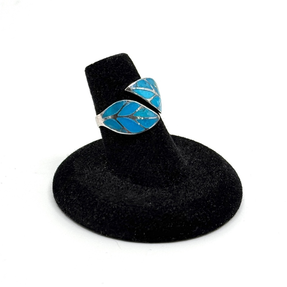 Sterling Silver Adjustable Leaf Ring With Turquoi… - image 2
